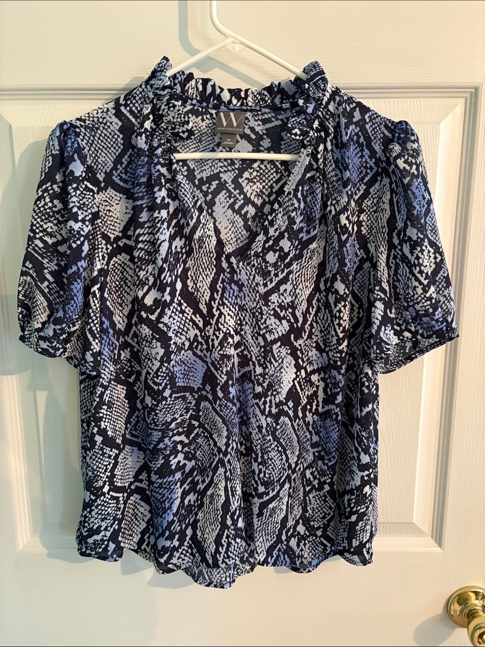 Worthington Navy and Light Blue Snake-Print Ruffle Neck Blouse